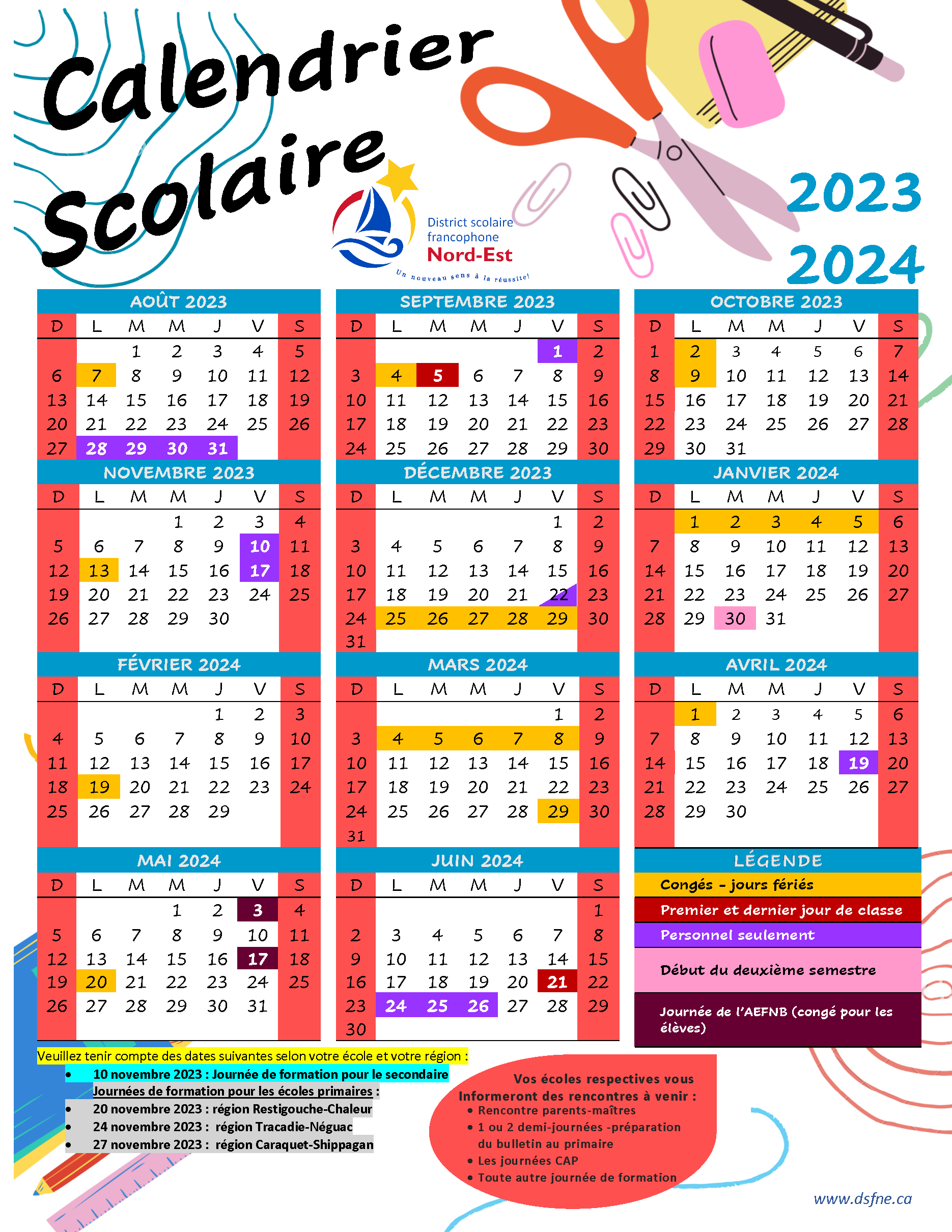 Calendrier scolaire 2023-2024 - École de foresterie de Duchesnay